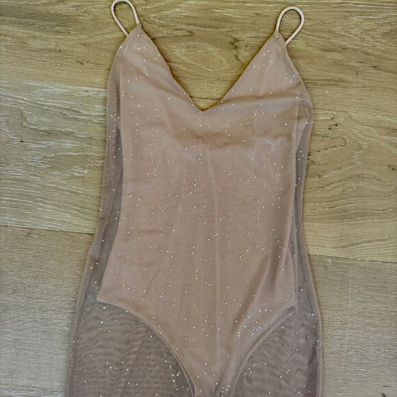 Sheer Nude Mesh Rhinestone MIDI Dress with attached Bodysuit size small - Picture 9 of 9